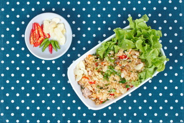 Fried garlic rice with minced pork served  spicy filling side dish.