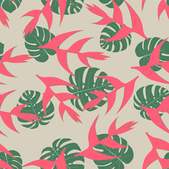 Seamless pattern with hand-drawn tropical leaves and flowers