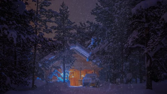 Winter windless night. Dense spruce forest. Wooden house lighted and a lot of snow. Car and snowmobile are there. Snowfall. UHD