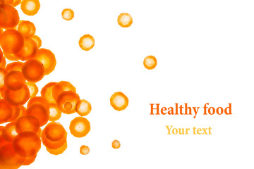 Fresh slices carrot isolated on white background. Isolated. Decorative food background.