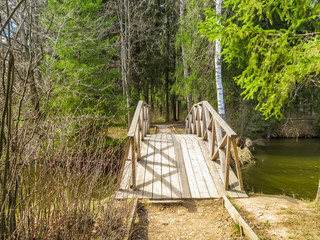Wooden bridge on the forest river