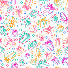 Vector seamless white pattern with multicolor outline gift boxes and ribbons. Design for fabric, textile print, wrapping paper. Concept for holiday background, greeting card or gift shop.