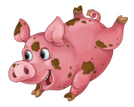 Cartoon happy pig is playing in mud and jumping - looking and smiling - artistic style - isolated - illustration for children