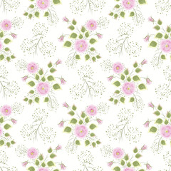 Floral seamless pattern , cute pink flowers white background. For printing on fabric and paper.