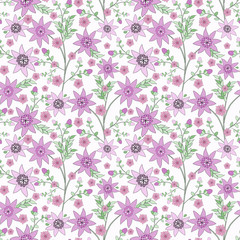 Floral seamless pattern , cute purple flowers white background. For printing on fabric and paper.