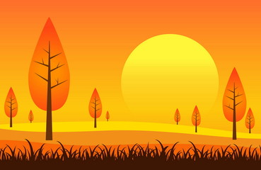 Naklejka premium landscape and meadow with sunset