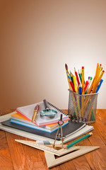 Fototapeta premium many stationer on wooden table closeup