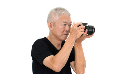 Asian elderly guy start taking photo to sale online for extra in