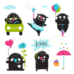 Set of funny kids black monsters activities for children graphic design