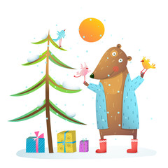 Brown bear wearing warm winter coat with birds friends celebrating Christmas.