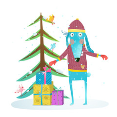 Fun winter holiday rabbit for kids with fur tree and presents