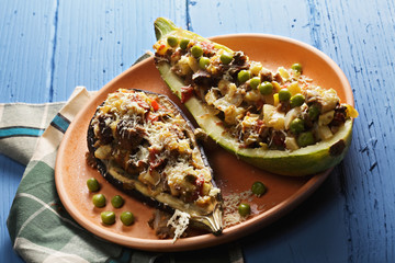 Eggplant and zucchini boats closeup