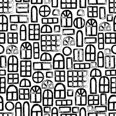 Seamless pattern of windows. Trace doodle. Black and white vecto