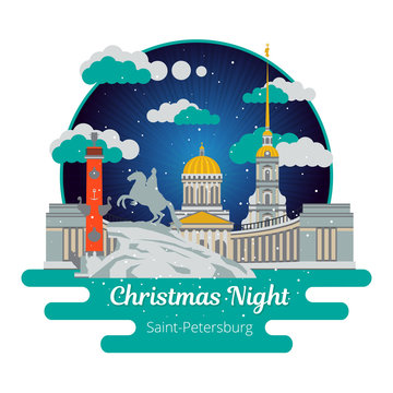 Christmas night in Saint-Petersburg. Flat cityscape. Vector illustration.