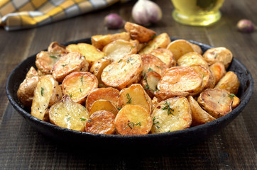 Fried potatoes in a frying pan