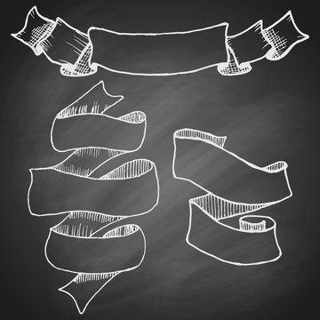 Set of vintage hand drawn curly ribbons on black chalkboard background. Vector illustration.