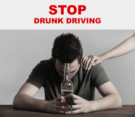 Drunk young man with car key and beer bottle at bar. Text STOP DRUNK DRIVING on background.