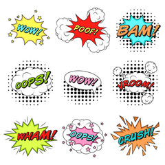 Classic comics book speech stickers set with cloud bubbles, expl