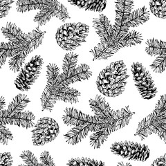 Vector seamless pattern of pine tree branches and cones. Hand drawn vintage elements. Christmas decoration.