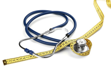 Stethoscope with measuring tape on white background