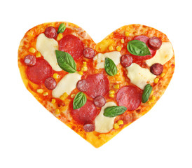 Tasty pizza in shape of heart isolated on white