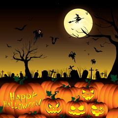 Happy Halloween Pumpkin and Witch Ghost Bats with tree in moon night on black sky.
