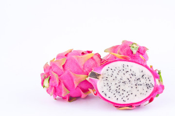 sliced  raw organic dragon fruit (dragonfruit) or pitaya on white background healthy fruit food isolated
