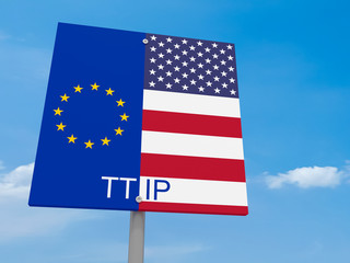 TTIP: USA And EU Flag Road Sign Against A Cloudy Sky, 3d illustration