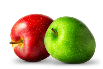 Group of red and green apples on white background.