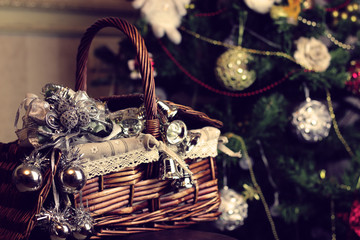 Christmas toys in a wicker basket