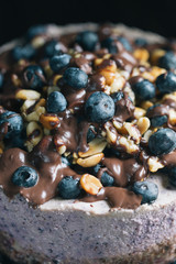 Paleo Vegan Blueberry Cheesecake on Dark Wooden Background, Vintage Style Old-Fashioned Photo