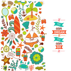 Summer doodles design, travel vacation illustration, ocean and beach concept