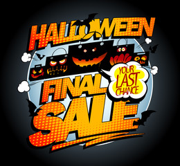 Halloween final sale banner concept with scary bags and  bats, pop-art style