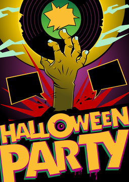 Halloween party design mock up with zombie hand holding vinyl, comic style poster concept, empty speech bubbles