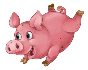 Cartoon happy pig is jumping running smiling and looking - artistic style - isolated - illustration for children