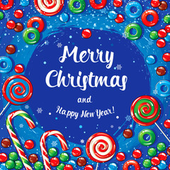 Christmas card poster banner with candies and snowflakes. Vector illustration.