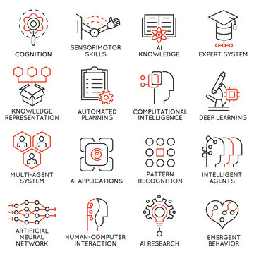 Vector set of 16 thin icons related to artificial intelligence and data science. Mono line pictograms and infographics design elements - part 2
