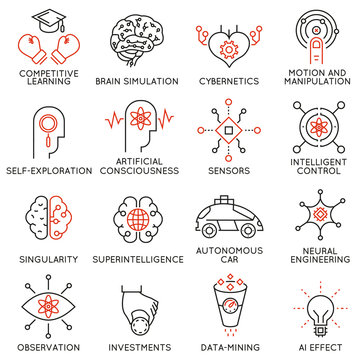 Vector set of 16 thin icons related to artificial intelligence and data science. Mono line pictograms and infographics design elements - part 3