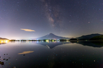 Mount fuji at Lake kawaguchiko. Milky Way. fuijsun in japan.