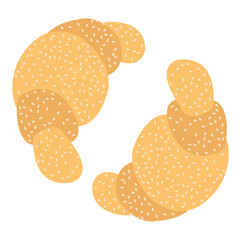 Two croissant. Bake puff pastry color illustration.