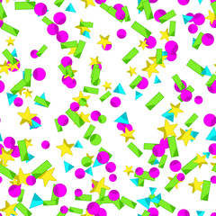 Seamless pattern with colourful sparlking confetti. Bright abstract holiday background