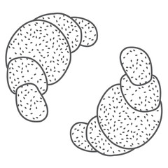 Two croissant. Bake puff pastry outline drawing.