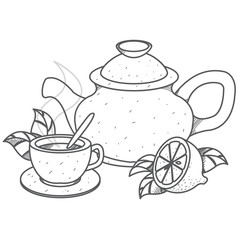 Teapot, cup of tea with lemon outline drawing.