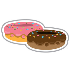 Two donuts with chocolate fudge and strawberry. Color illustration of desserts and pastries.