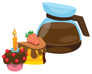 Teapot brewing coffee and cakes color illustration.