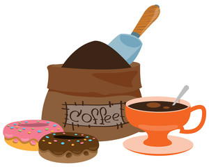 Sack of coffee beans, donuts and cup color illustration.
