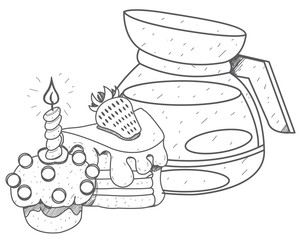 Teapot brewing coffee and cakes outline drawing.