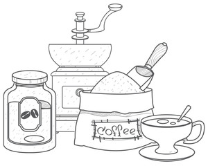 Vintage manual coffee grinder, glass jar for coffee storage, coffee bag and cup outline drawing.