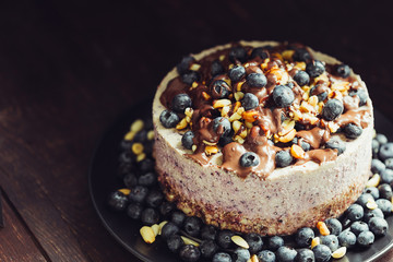 Amazing Cheesecake on Dark Background, Free Space for Text, Vintage Style Old-Fashioned Photo