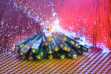 optical fibres dinamic flying from deep on technology background